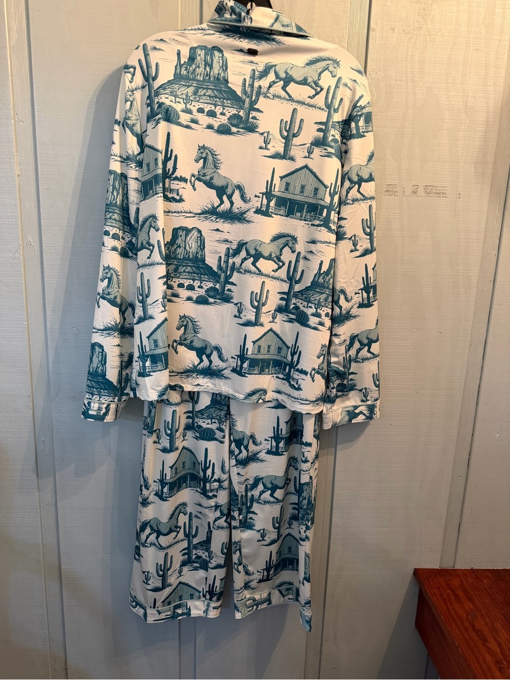 Lucky and Blessed Women’s White and Teal Western Horse Pajama Set - Picture 2 of 3